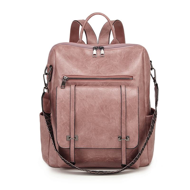 Pink Retro Soft PU Leather Backpack for Women - Water-Resistant Large Capacity Travel Rucksack with Dual Detachable Straps - Image 1