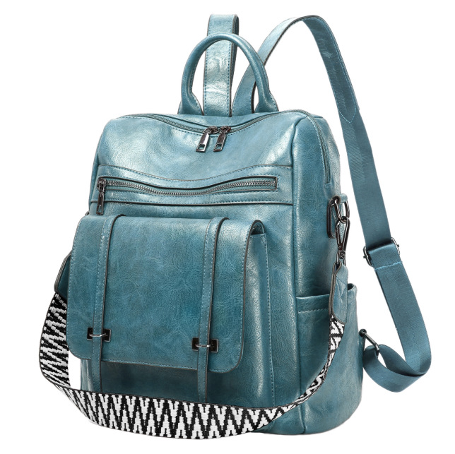 Blue & Grey Retro Soft PU Leather Backpack for Women - Water-Resistant Large Capacity Travel Rucksack with Dual Detachable Straps - Image 1