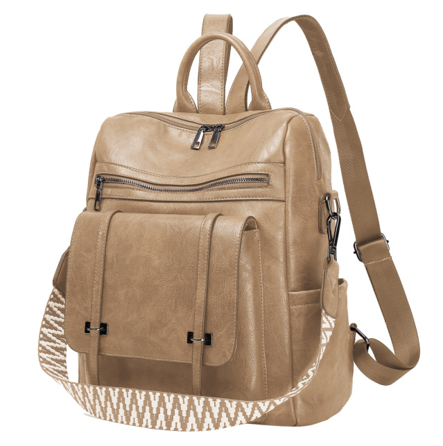 Khaki Retro Soft PU Leather Backpack for Women - Water-Resistant Large Capacity Travel Rucksack with Dual Detachable Straps - Image 1