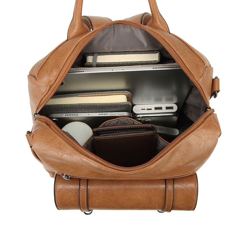 Khaki Retro Soft PU Leather Backpack for Women - Water-Resistant Large Capacity Travel Rucksack with Dual Detachable Straps - Image 2