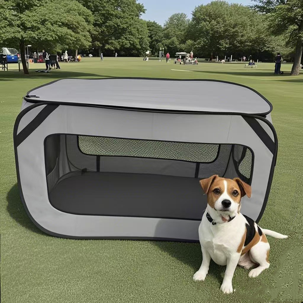 Grey Instant Pop-Up Foldable 4-Sided Pet Playpen & Car Crate - Breathable Scratch-Resistant Travel Kennel for Dogs & Cats (Open 92 x 52 x 52 CM , Folded 34 x 34 x 3 CM) - Image 1