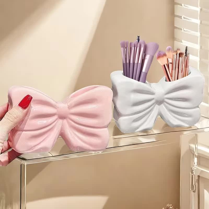 Pink Chic Bowknot 2-Slot Toothbrush Holder - Resin Retro Cute Desktop Decorative Stand - Image 4