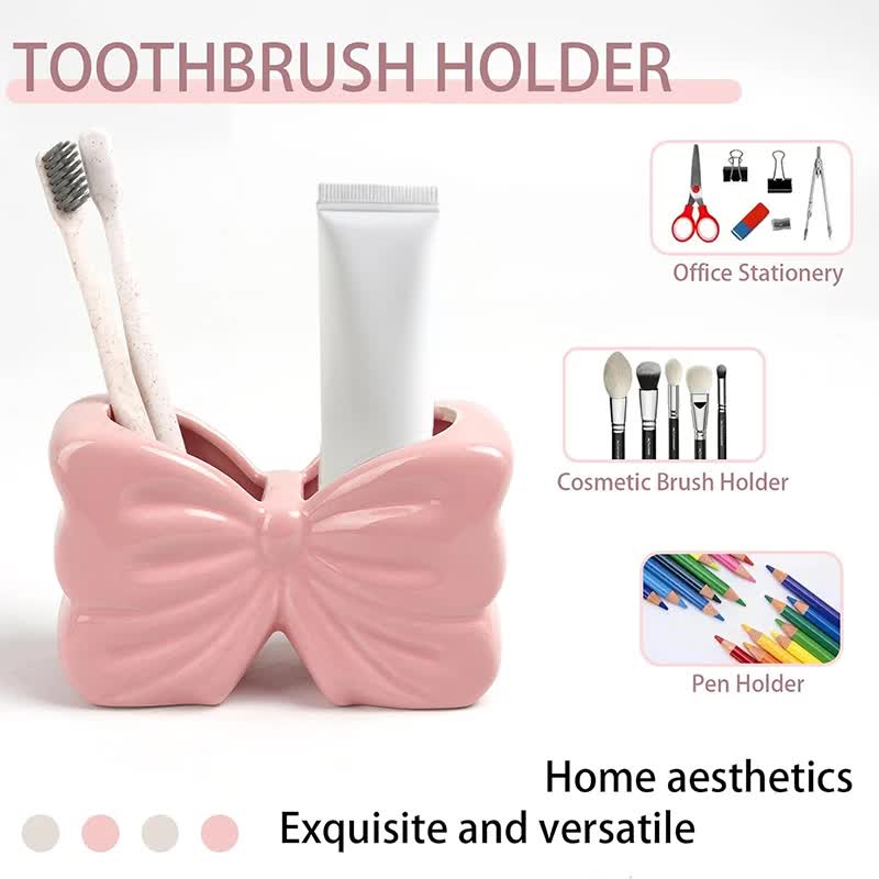 White Chic Bowknot 2-Slot Toothbrush Holder - Resin Retro Cute Desktop Decorative Stand - Image 2