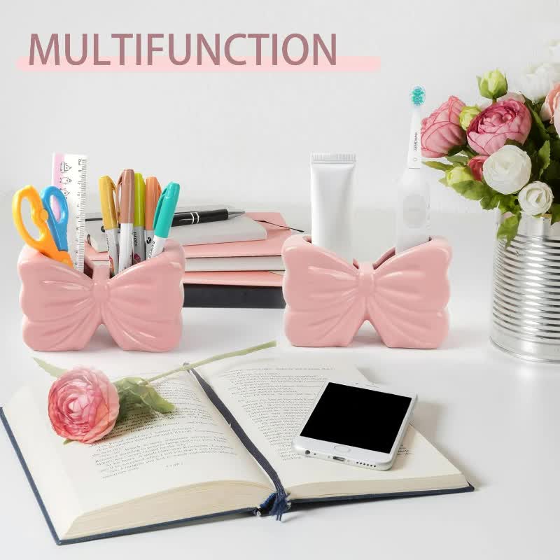 White Chic Bowknot 2-Slot Toothbrush Holder - Resin Retro Cute Desktop Decorative Stand - Image 3