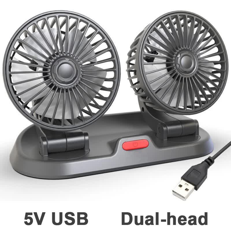 3-in-1 Powerful Car Dual Head Fan (USB Power) - Quiet Cooling Fan Integrated Aromatherapy & Number Plate, with 360° Rotation & 130cm Long Cord - Image 1