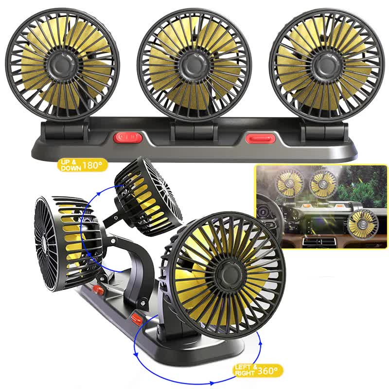 3-in-1 Powerful Car Dual Head Fan (12V Lighter Power) - Quiet Cooling Fan Integrated Aromatherapy & Number Plate, with 360° Rotation & 130cm Long Cord - Image 3