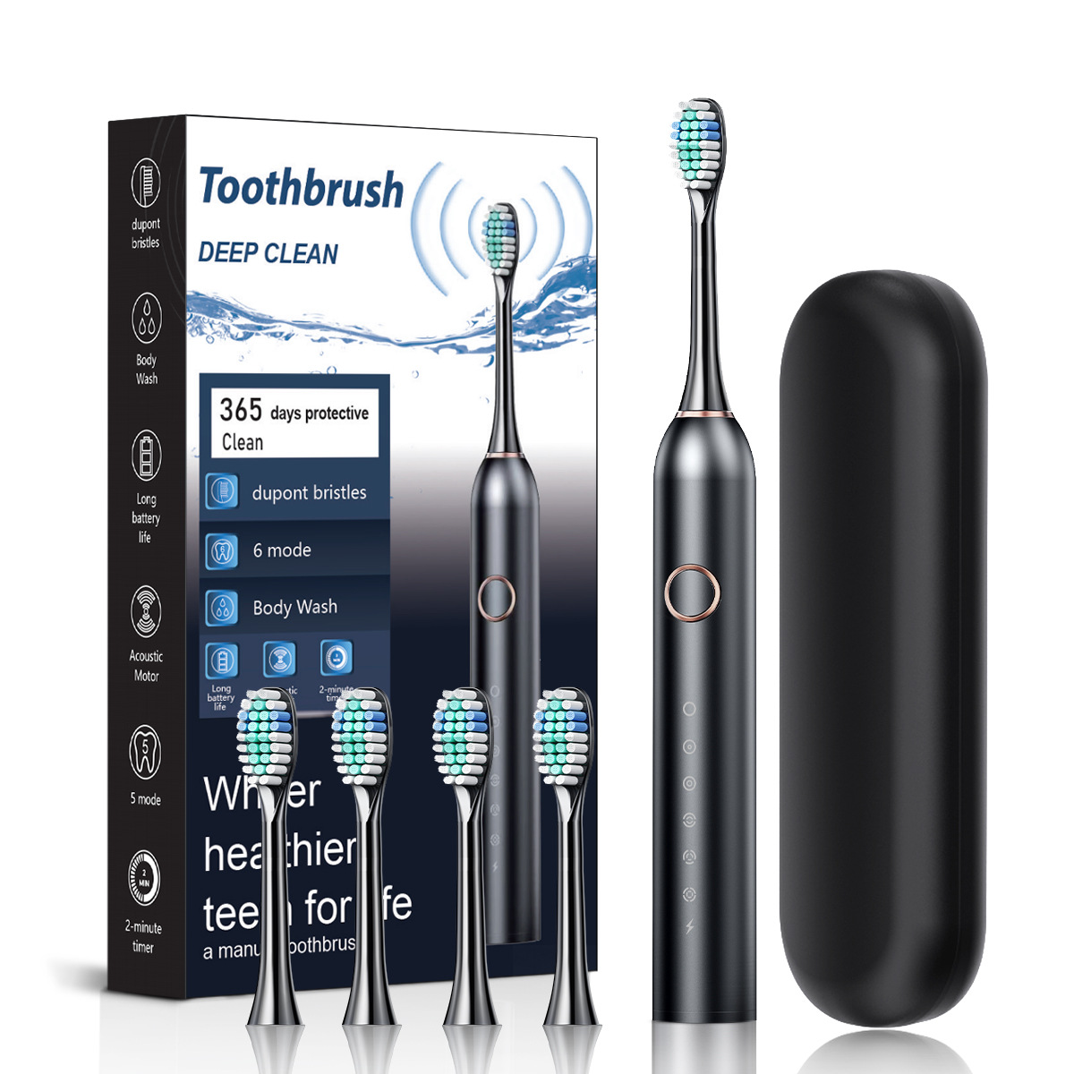 Black Smart Sonic Electric Toothbrush Kit with 4 Heads & Travel Case - 6 X Cleaning Modes and High-Frequency Vibration with Soft Protective Bristles - Image 1