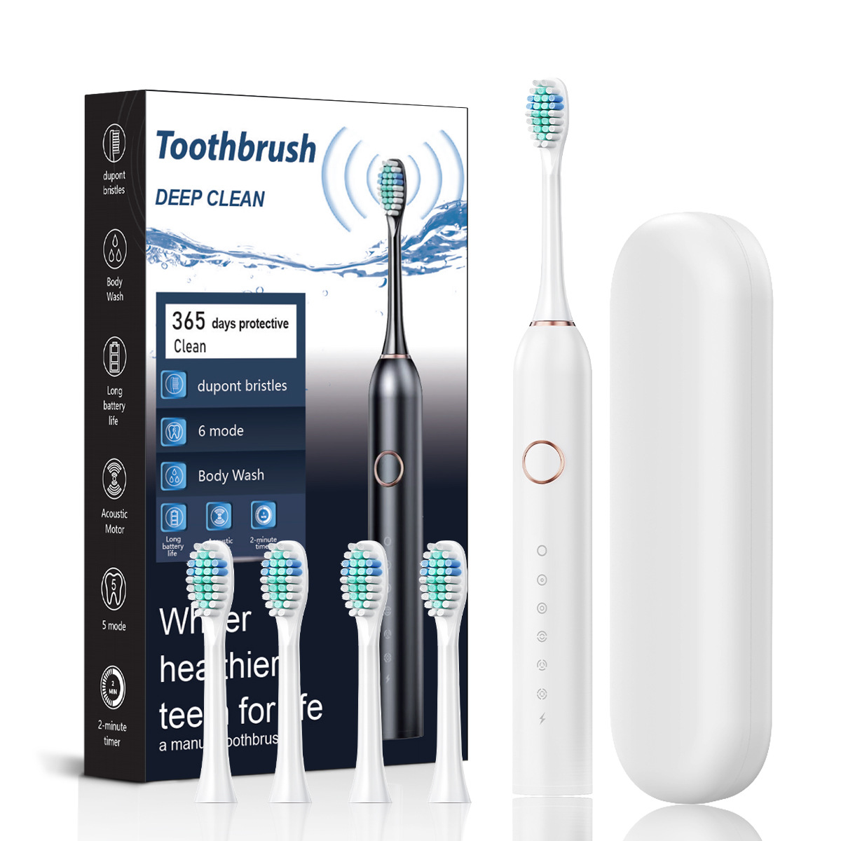 White Smart Sonic Electric Toothbrush Kit with 4 Heads & Travel Case - 6 X Cleaning Modes and High-Frequency Vibration with Soft Protective Bristles - Image 1