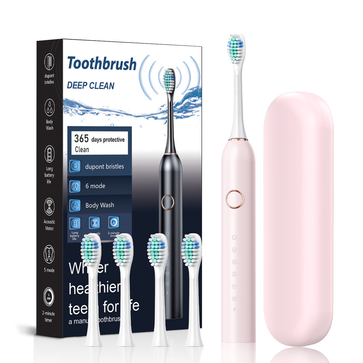 Pink Smart Sonic Electric Toothbrush Kit with 4 Heads & Travel Case - 6 X Cleaning Modes and High-Frequency Vibration with Soft Protective Bristles - Image 1