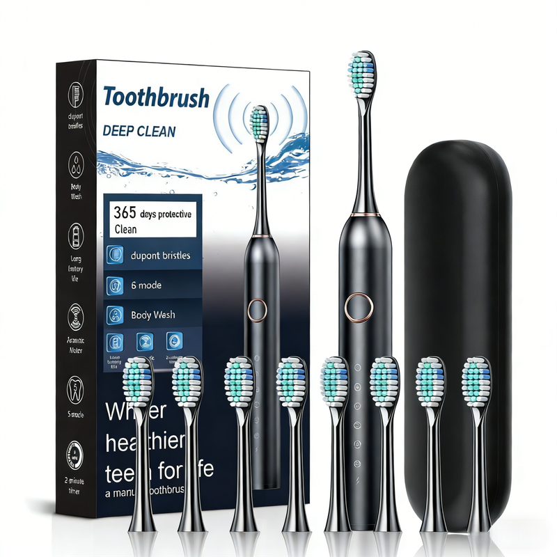 Black Smart Sonic Electric Toothbrush Kit with 8 Heads & Travel Case - 6 X Cleaning Modes and High-Frequency Vibration with Soft Protective Bristles - Image 1