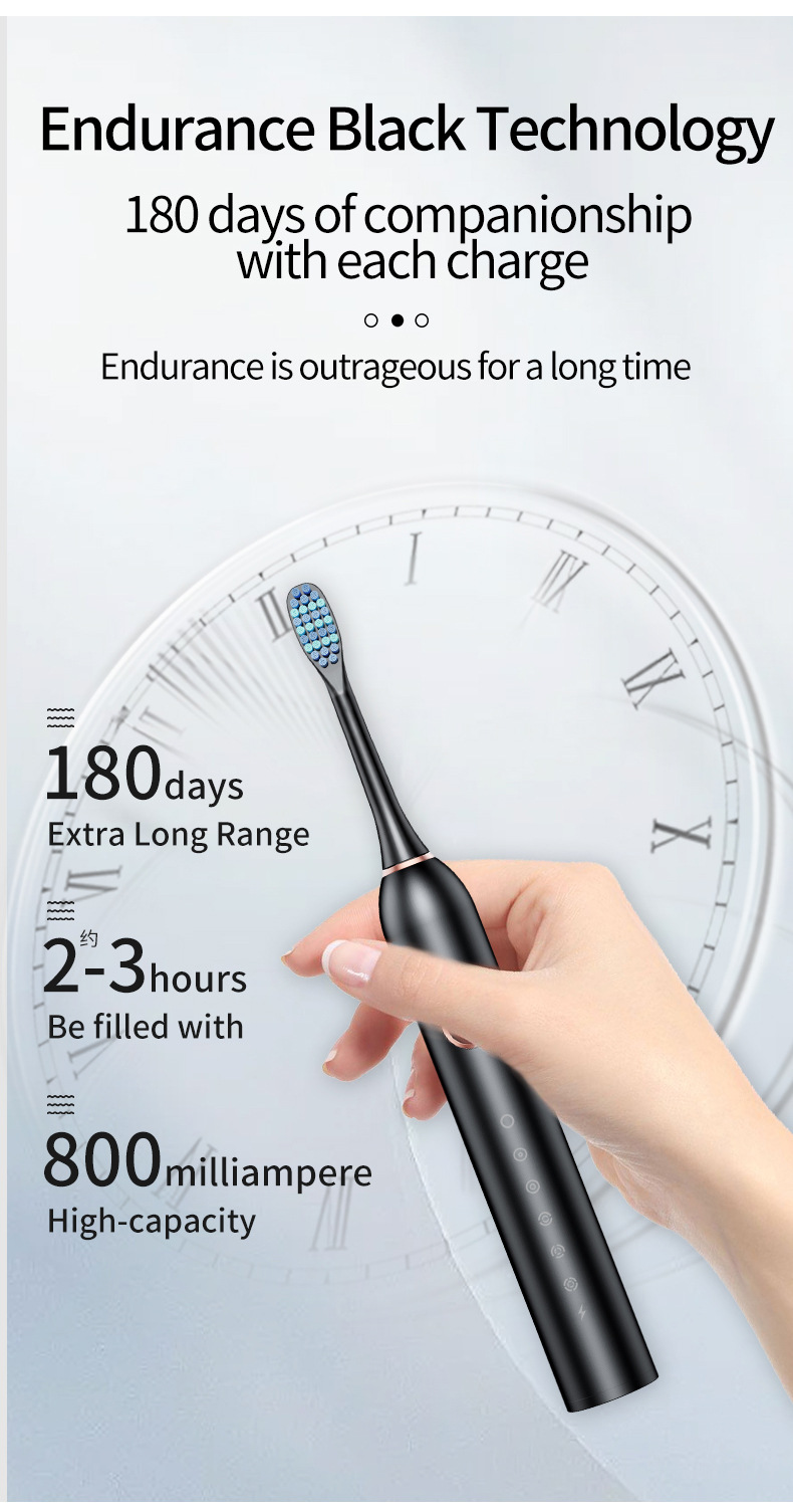 Black Smart Sonic Electric Toothbrush Kit with 8 Heads & Travel Case - 6 X Cleaning Modes and High-Frequency Vibration with Soft Protective Bristles - Image 7