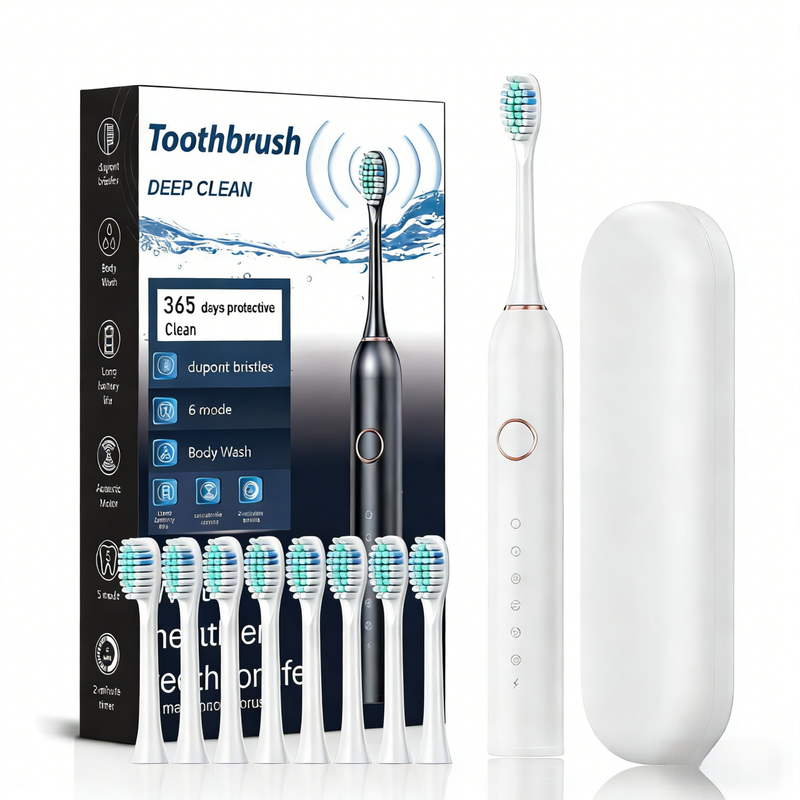 White Smart Sonic Electric Toothbrush Kit with 8 Heads & Travel Case - 6 X Cleaning Modes and High-Frequency Vibration with Soft Protective Bristles - Image 1