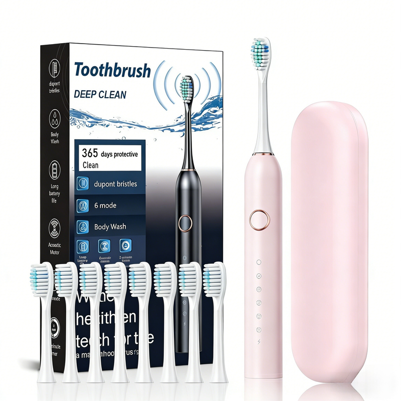Pink Smart Sonic Electric Toothbrush Kit with 8 Heads & Travel Case - 6 X Cleaning Modes and High-Frequency Vibration with Soft Protective Bristles - Image 1