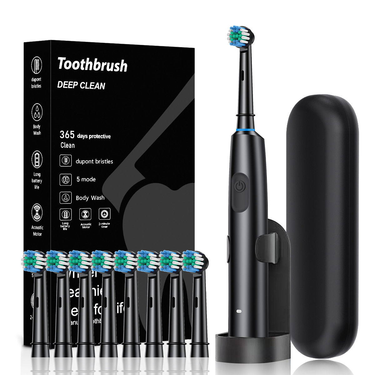 Black Rotating Round Head Electric Toothbrush Kit with 8 Heads, Case & Stand - 3D Oscillating Mechanical Cleaning for Deep Plaque Removal - Image 1