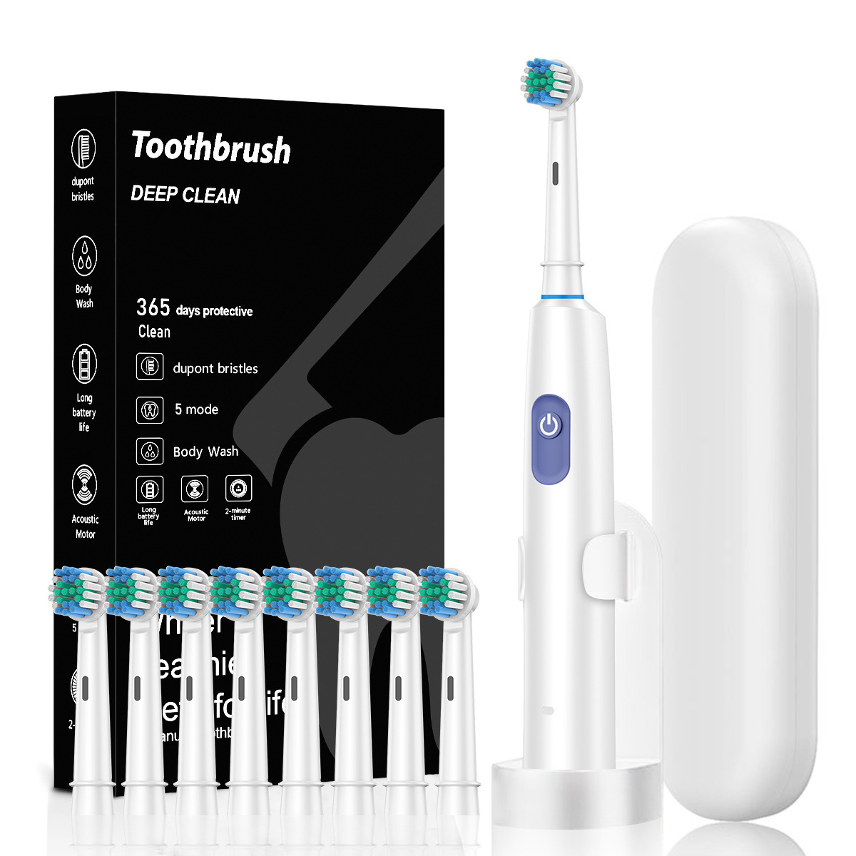 White Rotating Round Head Electric Toothbrush Kit with 8 Heads, Case & Stand - 3D Oscillating Mechanical Cleaning for Deep Plaque Removal - Image 1