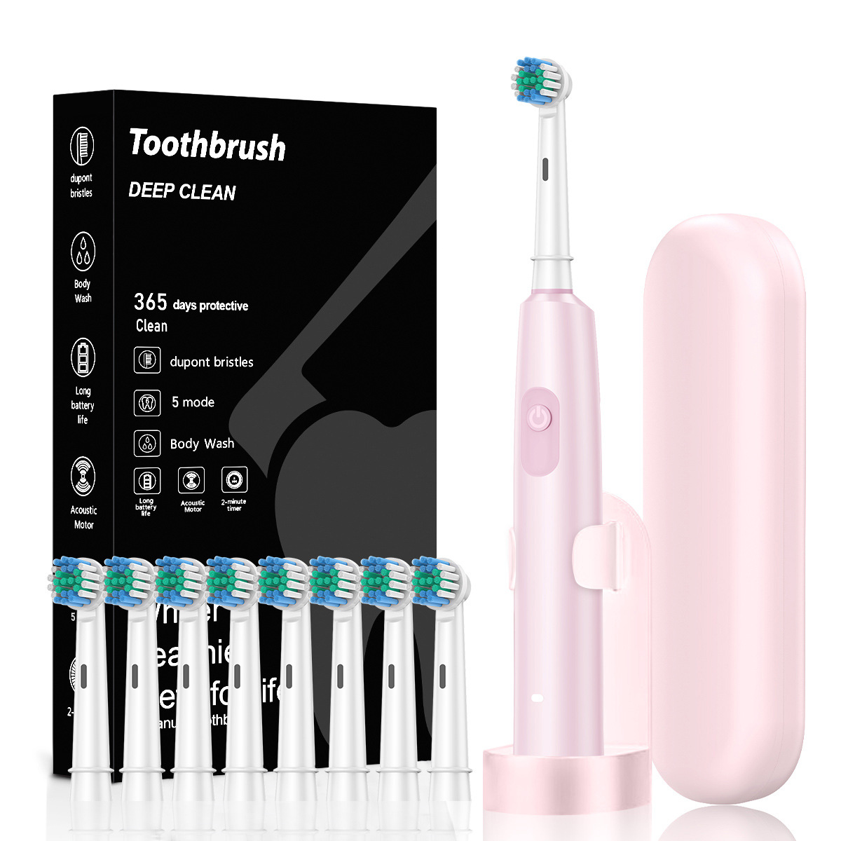 Pink Rotating Round Head Electric Toothbrush Kit with 8 Heads, Case & Stand - 3D Oscillating Mechanical Cleaning for Deep Plaque Removal - Image 1