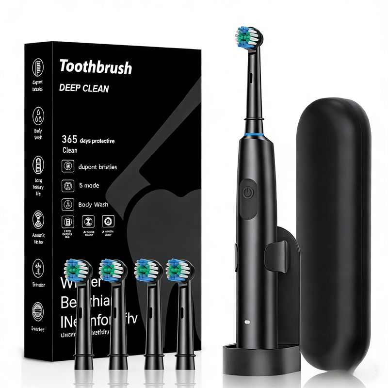Black Rotating Round Head Electric Toothbrush Kit with 4 Heads, Case & Stand - 3D Oscillating Mechanical Cleaning for Deep Plaque Removal - Image 1