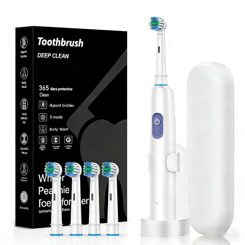 White Rotating Round Head Electric Toothbrush Kit with 4 Heads, Case & Stand - 3D Oscillating Mechanical Cleaning for Deep Plaque Removal - Image 1