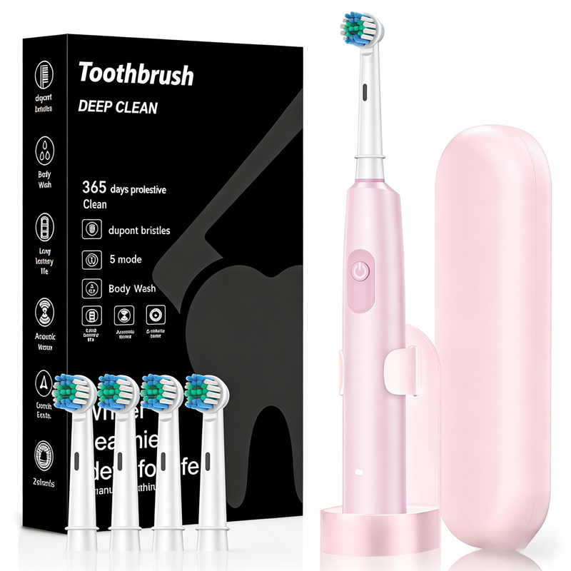 Pink Rotating Round Head Electric Toothbrush Kit with 4 Heads, Case & Stand - 3D Oscillating Mechanical Cleaning for Deep Plaque Removal - Image 1
