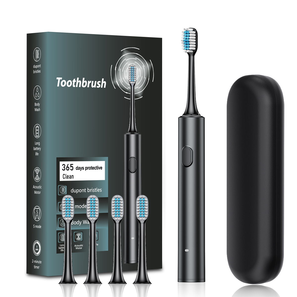 Black Sonic Electric Toothbrush Kit with 5 Cleaning Modes, 4 Heads & Travel Case - Smart Timer & Quad-Pacer, Soft Double-Arc Bristles and 120-Day Long Battery Life - Image 1