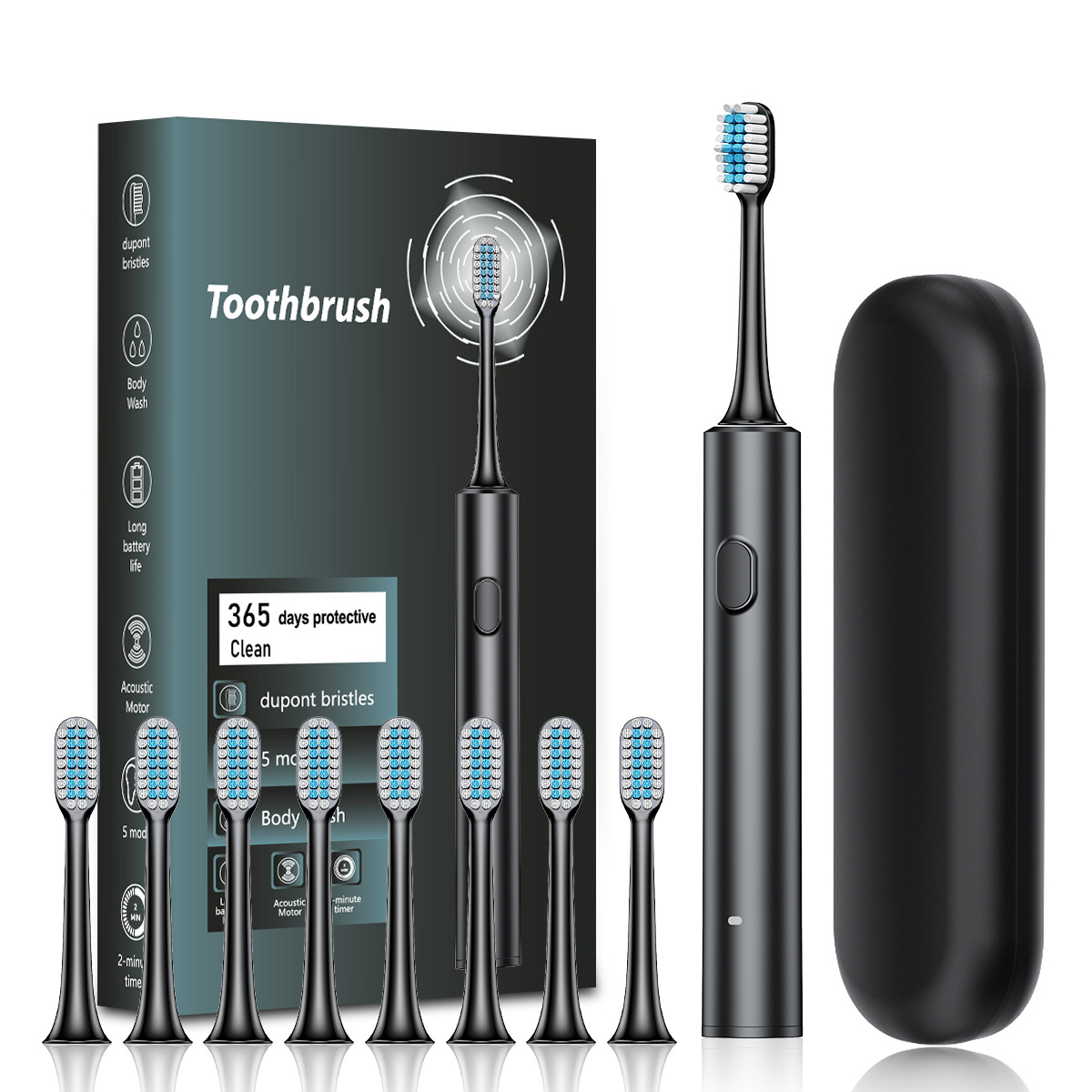 Black Sonic Electric Toothbrush Kit with 5 Cleaning Modes, 8 Heads & Travel Case - Smart Timer & Quad-Pacer, Soft Double-Arc Bristles and 120-Day Long Battery Life - Image 1
