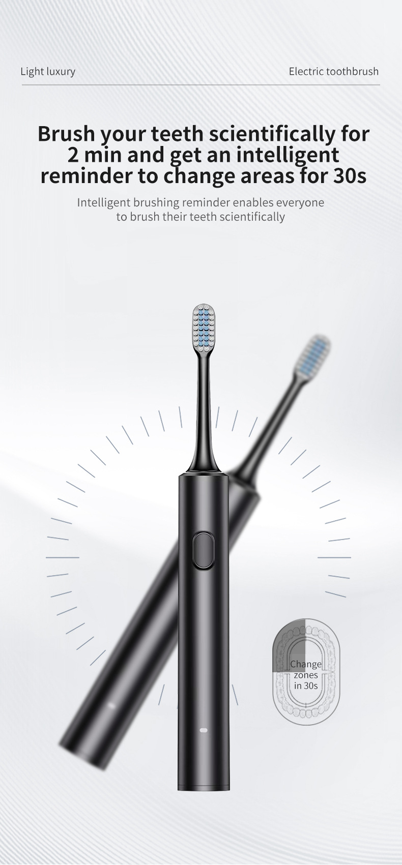 Black Sonic Electric Toothbrush Kit with 5 Cleaning Modes, 8 Heads & Travel Case - Smart Timer & Quad-Pacer, Soft Double-Arc Bristles and 120-Day Long Battery Life - Image 3