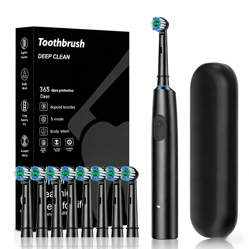 Black Rotating Round Head Electric Toothbrush Kit with 8 Heads & Case - 3D Oscillating Mechanical Cleaning for Deep Plaque Removal - Image 1