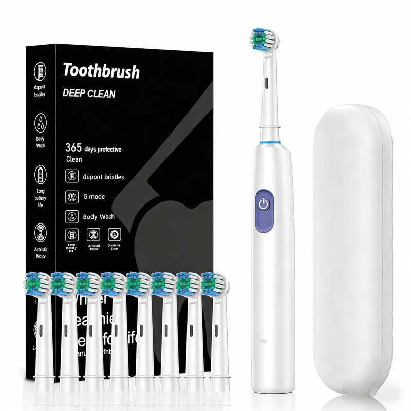 White Rotating Round Head Electric Toothbrush Kit with 8 Heads & Case - 3D Oscillating Mechanical Cleaning for Deep Plaque Removal - Image 1