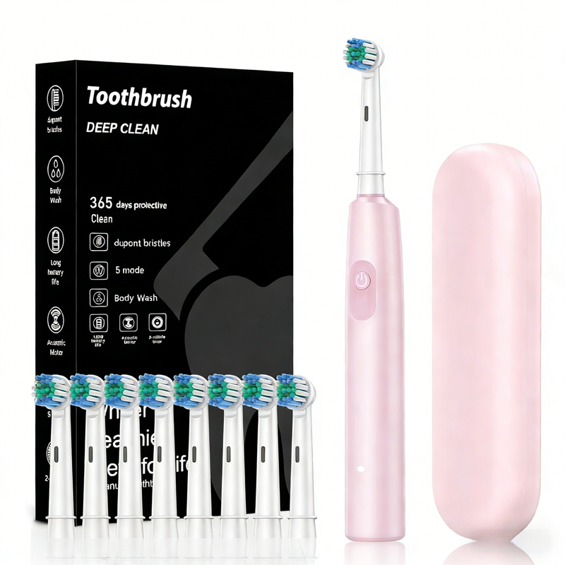 Pink Rotating Round Head Electric Toothbrush Kit with 8 Heads & Case - 3D Oscillating Mechanical Cleaning for Deep Plaque Removal - Image 1