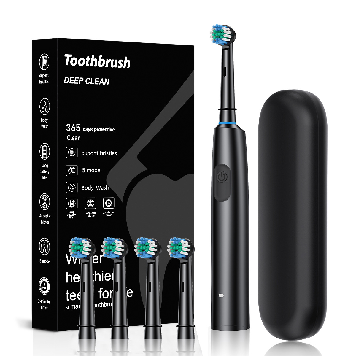 Black Rotating Round Head Electric Toothbrush Kit with 4 Heads & Case - 3D Oscillating Mechanical Cleaning for Deep Plaque Removal - Image 1