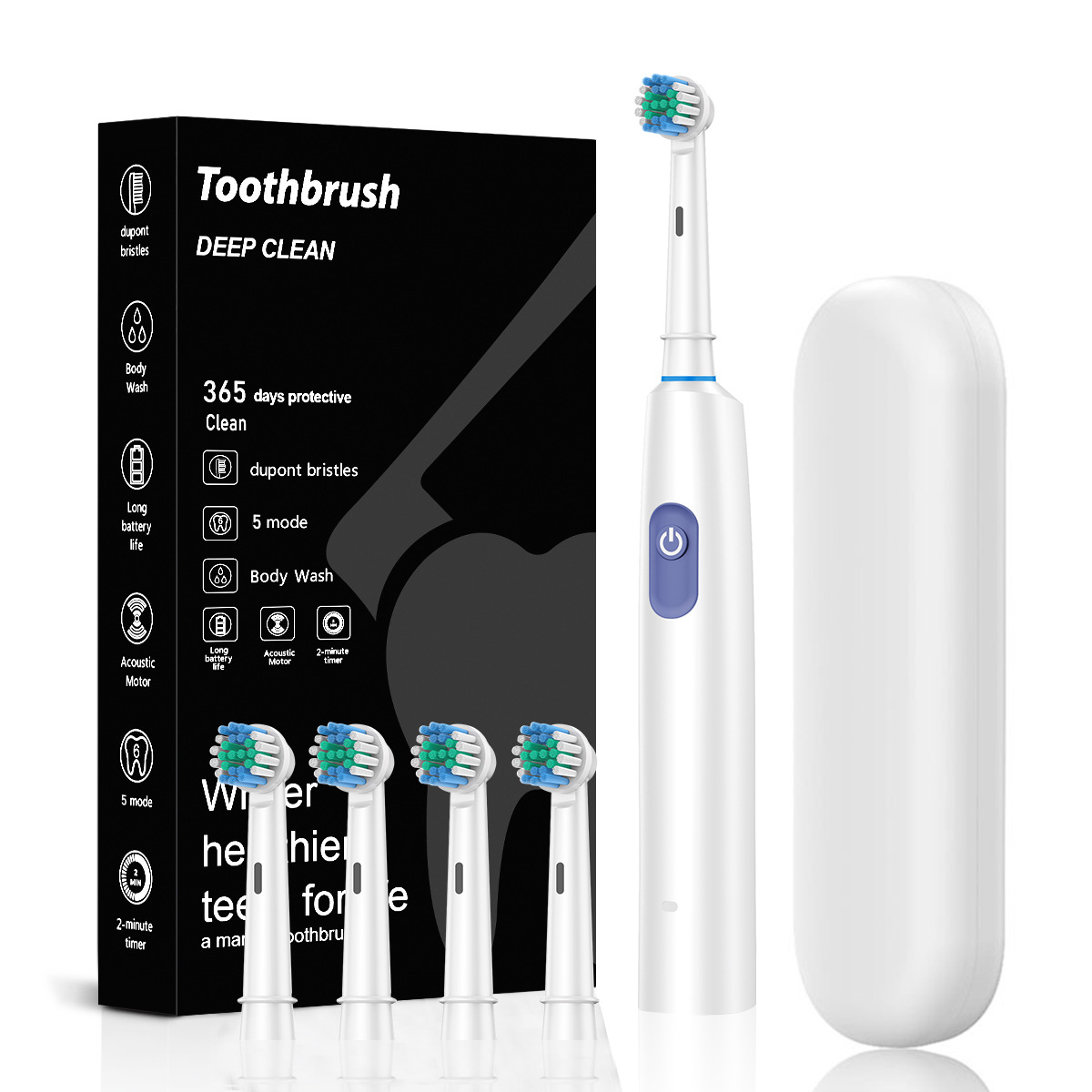 White Rotating Round Head Electric Toothbrush Kit with 4 Heads & Case - 3D Oscillating Mechanical Cleaning for Deep Plaque Removal - Image 1