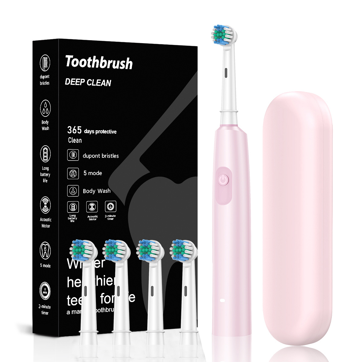 Pink Rotating Round Head Electric Toothbrush Kit with 4 Heads & Case - 3D Oscillating Mechanical Cleaning for Deep Plaque Removal - Image 1