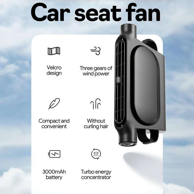 Black Cordless Dual-Turbo Car Seat Cooling Fan with Velcro Mount - Powerful 3-Speed Backrest Ventilation, Adjustable Airflow Angle & Hair-Safe Design - Image 2