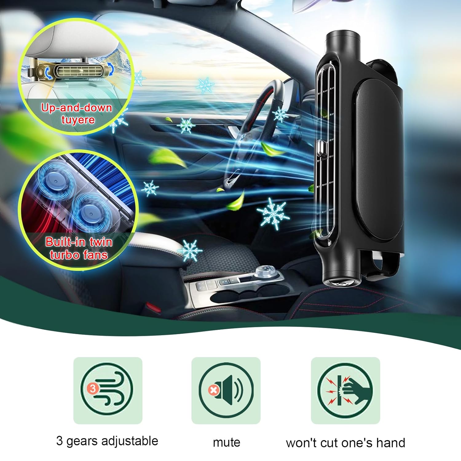 Beige Cordless Dual-Turbo Car Seat Cooling Fan with Velcro Mount - Powerful 3-Speed Backrest Ventilation, Adjustable Airflow Angle & Hair-Safe Design - Image 4