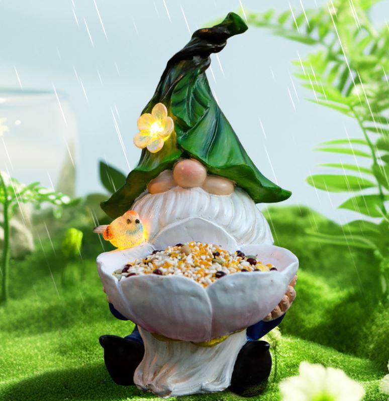 Solar Powered Garden Gnome Bird Feeder with Dual LED Lights - Automatic Night Illumination, Weather-Resistant Resin Statue - Image 1