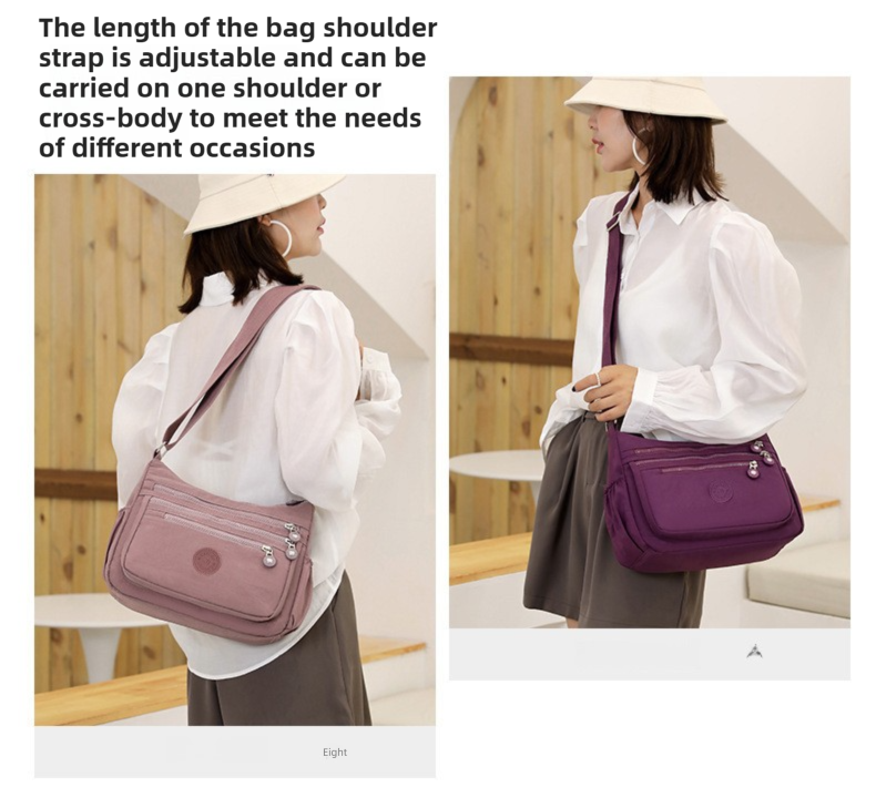 Pink Versatile Nylon Multi-Pocket Crossbody Bag - Lightweight Casual Travel Purse, Waterproof Horizontal Square Design - Image 5