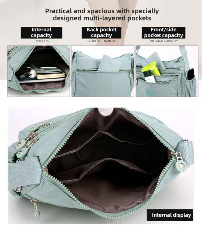 Grey Versatile Nylon Multi-Pocket Crossbody Bag - Lightweight Casual Travel Purse, Waterproof Horizontal Square Design - Image 3