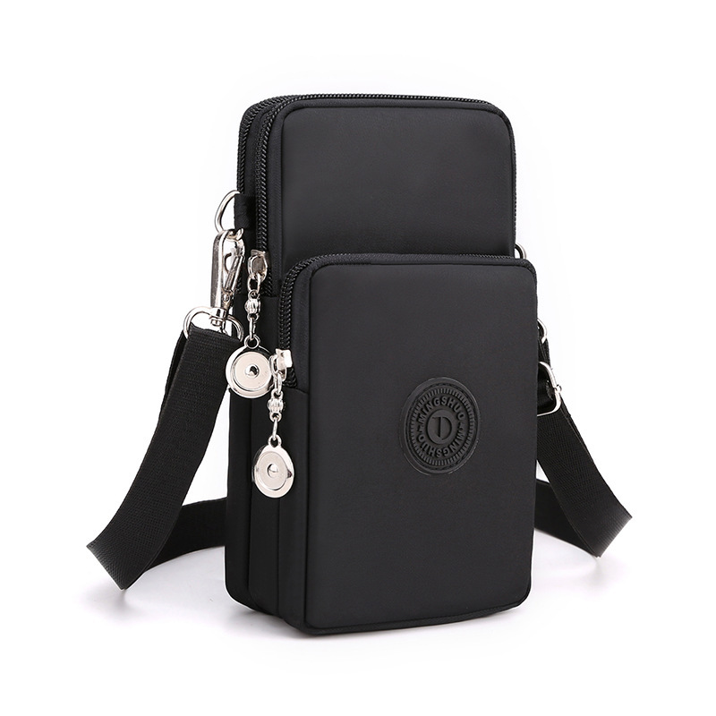 Black 3-Layer Waterproof Nylon Vertical Crossbody Phone Bag -  Lightweight Phone Purse with Headphone Jack & Adjustable Strap - Image 1