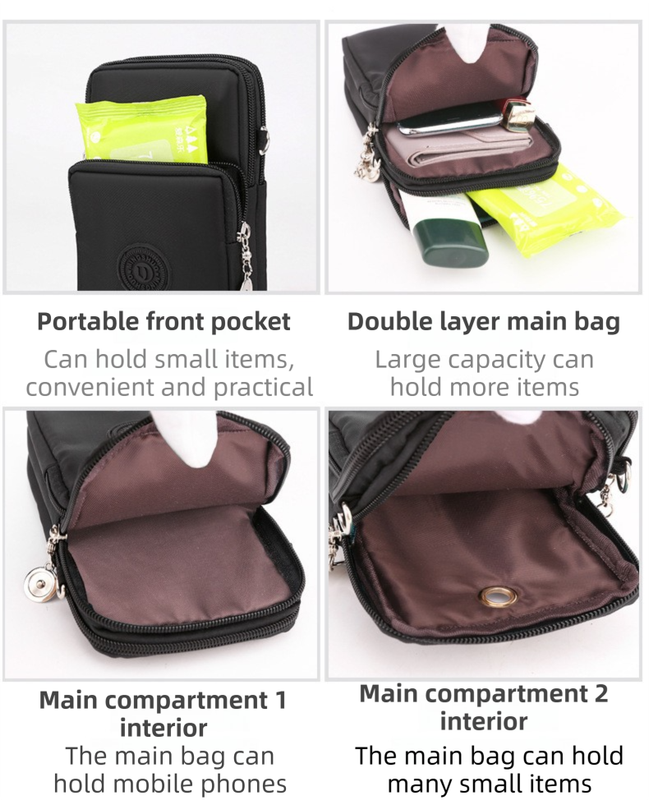 Black 3-Layer Waterproof Nylon Vertical Crossbody Phone Bag -  Lightweight Phone Purse with Headphone Jack & Adjustable Strap - Image 3