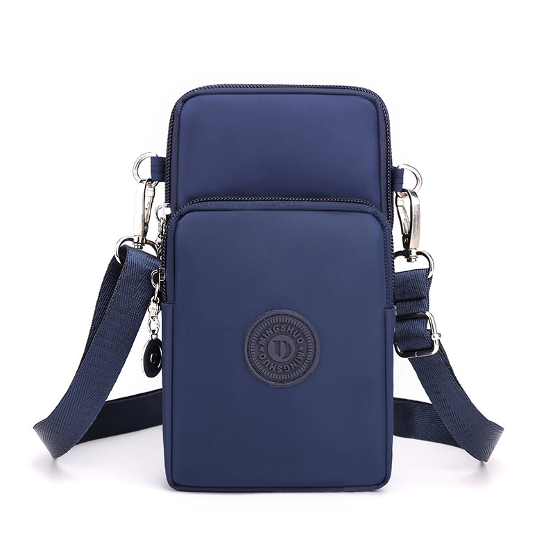 Dark Blue 3-Layer Waterproof Nylon Vertical Crossbody Phone Bag -  Lightweight Phone Purse with Headphone Jack & Adjustable Strap - Image 1