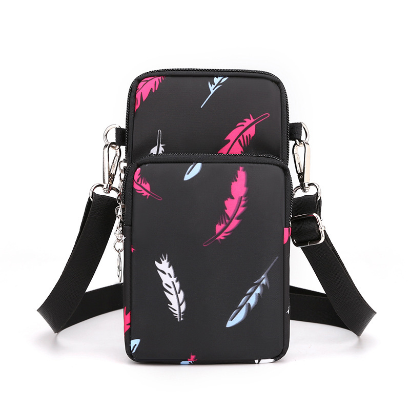 Black Feather 3-Layer Waterproof Nylon Vertical Crossbody Phone Bag -  Lightweight Phone Purse with Headphone Jack & Adjustable Strap - Image 1