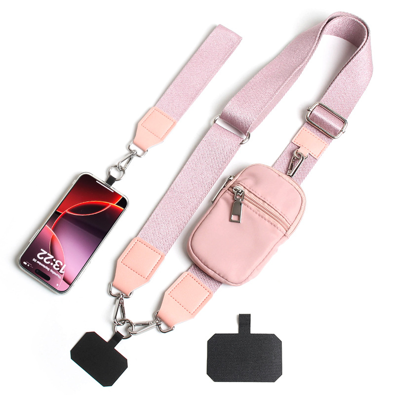 Pink Versatile Crossbody Phone Lanyard with Detachable Mini Pouch - Twill Webbing  Wristlet & Neck Strap - Image 1