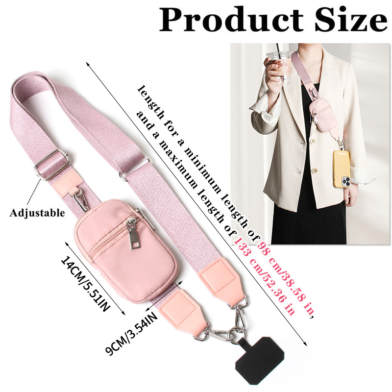 Pink Versatile Crossbody Phone Lanyard with Detachable Mini Pouch - Twill Webbing  Wristlet & Neck Strap - Image 2