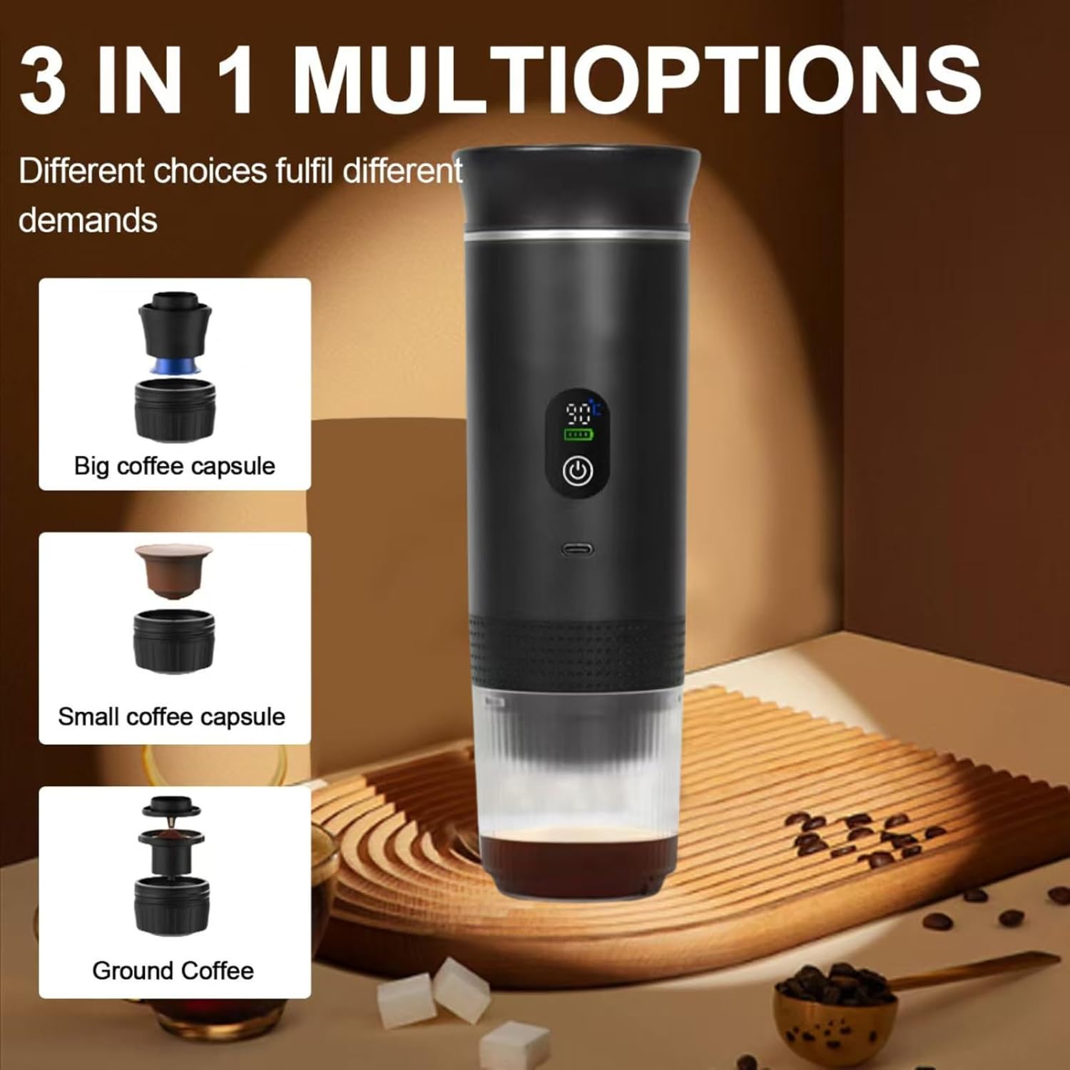 Grey 3-in-1 Portable Espresso Maker with Self-Heating and One-Touch Cold Hot Brew - Smart Digital Display & 20Bar High Pressure for Rich Crema - Image 3