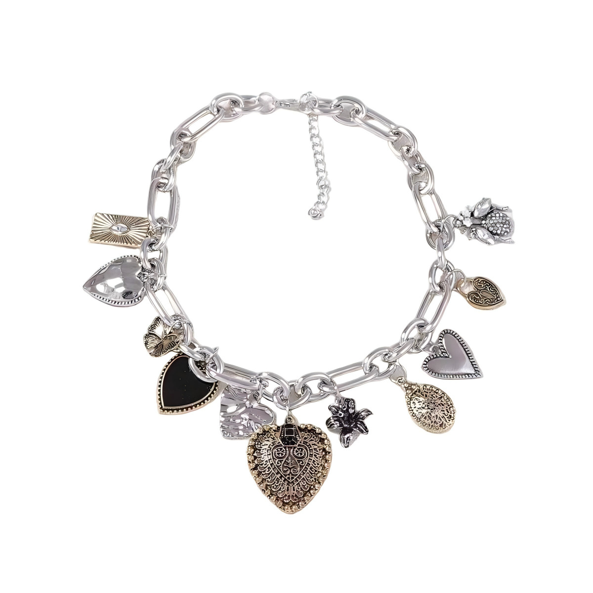 European and American Statement Exaggerated Heart & Floral Rhinestone Necklace - Adjustable Retro Chunky Clavicle Chain (Sliver) - Image 1