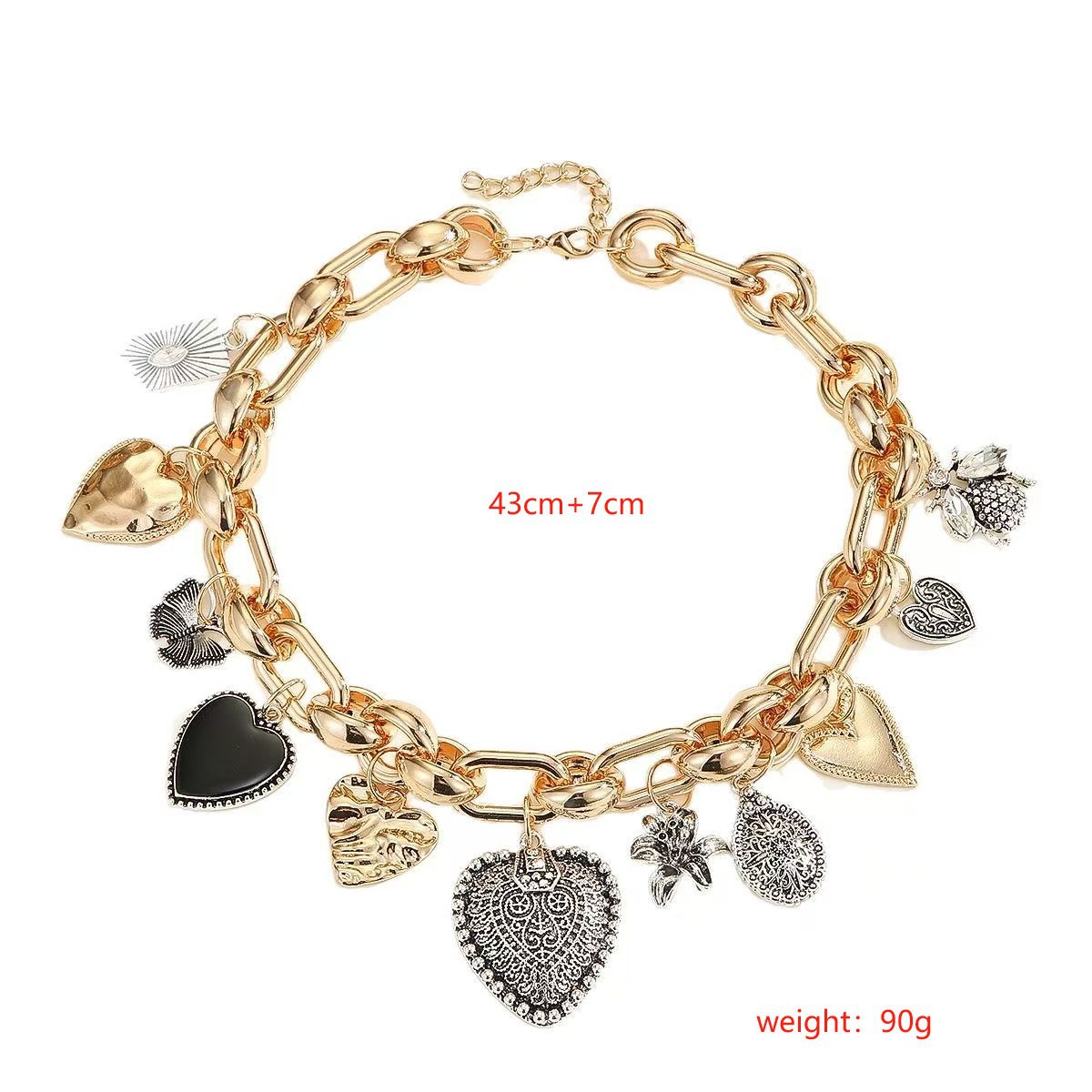 European and American Statement Exaggerated Heart & Floral Rhinestone Necklace - Adjustable Retro Chunky Clavicle Chain (Sliver) - Image 4
