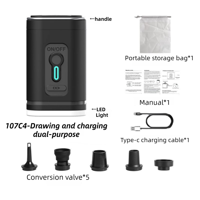 Black Wireless Rechargeable Vacuum Pump with 5 Versatile Nozzles and LED - 2-in-1 Compact High-Suction Inflator & Deflator for Travel & Home - Image 1