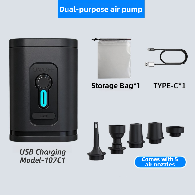 Black Wireless Rechargeable Vacuum Pump with 5 Versatile Nozzles - 2-in-1 Compact High-Suction Inflator & Deflator for Travel & Home - Image 1