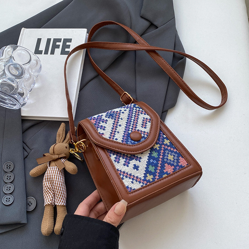 Blue Boho-Chic PU Leather Crossbody Phone Purse with Cute Rabbit Pendant - Stylish Multi-Functional Compact Square Bag - Image 1
