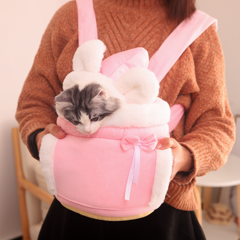 Pink 2-in-1 Ultra-Soft Plush Pet Carrier & Mobile Bed - Portable & Lightweight Cute Rabbit Ear Design Travel Cabin (M 25 x 25 x 20.5CM) - Image 1